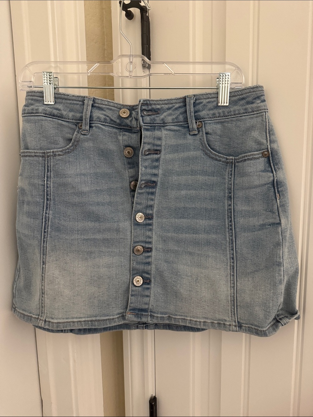 American Eagle Light Wash Denim Button-Front Mini Skirt